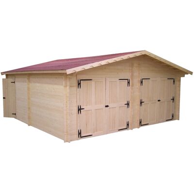 HABRITA Garage bois massif double 38,44 m² madriers 60 mm - toit double pente ONDUCHAPE VV - portes bois - Publicité HABRITA Garage bois massif double 38,44 m² madriers 60 mm - toit double pente ONDUCHAPE VV - portes bois - Publicité