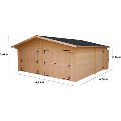 HABRITA Garage bois massif double 38,44 m² madriers 60 mm - toit double pente ONDUCHAPE VV - portes métalliques - Publicité HABRITA Garage bois massif double 38,44 m² madriers 60 mm - toit double pente ONDUCHAPE VV - portes métalliques - Publicité