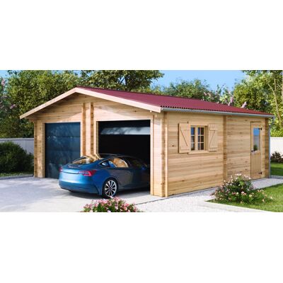 HABRITA Garage bois massif double 38,44 m² madriers 60 mm - toit double pente ONDUCHAPE VV - portes sectionnelles motorisées - Publicité HABRITA Garage bois massif double 38,44 m² madriers 60 mm - toit double pente ONDUCHAPE VV - portes sectionnelles motorisées - Publicité