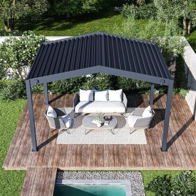 Ombréa Pergola double pente 3 x 4 m à lames orientables - aluminium anthracite - drainage intégré - Publicité Ombréa Pergola double pente 3 x 4 m à lames orientables - aluminium anthracite - drainage intégré - Publicité