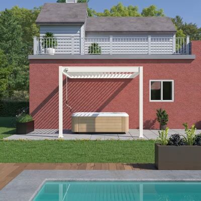 Ombréa Pergola adossée 3 x 3 m à lames orientables - aluminium blanc - toiture étanche avec drainage intégré - Publicité Ombréa Pergola adossée 3 x 3 m à lames orientables - aluminium blanc - toiture étanche avec drainage intégré - Publicité