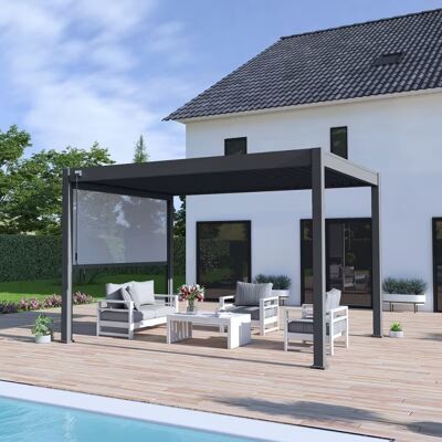 Ombréa Pergola bioclimatique autoportante 4 x 3 m à lames orientables - aluminium - stores latéraux intégrés - Publicité Ombréa Pergola bioclimatique autoportante 4 x 3 m à lames orientables - aluminium - stores latéraux intégrés - Publicité