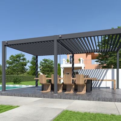 Ombréa Pergola bioclimatique autoportante 6 x 3 m à lames orientables - aluminium anthracite - stores latéraux inclus - Publicité Ombréa Pergola bioclimatique autoportante 6 x 3 m à lames orientables - aluminium anthracite - stores latéraux inclus - Publicité