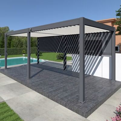 Ombréa Pergola bioclimatique autoportante 6 x 3 m à lames orientables - aluminium anthracite et blanc - 2 stores latéraux inclus - Publicité Ombréa Pergola bioclimatique autoportante 6 x 3 m à lames orientables - aluminium anthracite et blanc - 2 stores latéraux inclus - Publicité