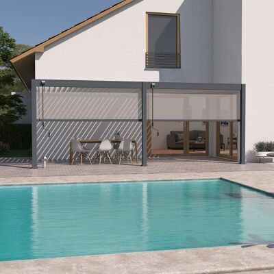Ombréa Pergola bioclimatique adossée 6 x 3 m avec 2 stores anthracite- aluminium anthracite - toiture étanche - Publicité Ombréa Pergola bioclimatique adossée 6 x 3 m avec 2 stores anthracite- aluminium anthracite - toiture étanche - Publicité