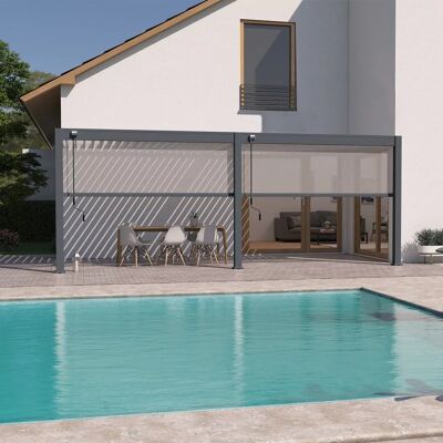 Ombréa Pergola bioclimatique adossée 6 x 3 m avec 2 stores anthracite - aluminium anthracite et lames blanches - toiture étanche - Publicité Ombréa Pergola bioclimatique adossée 6 x 3 m avec 2 stores anthracite - aluminium anthracite et lames blanches - toiture étanche - Publicité
