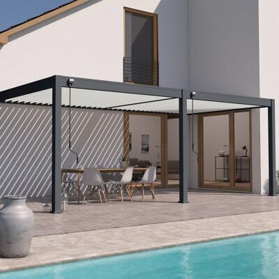 Ombréa Pergola bioclimatique adossée 6 x 3 m avec 2 stores blancs - aluminium anthracite et lames blanches - toiture étanche - Publicité Ombréa Pergola bioclimatique adossée 6 x 3 m avec 2 stores blancs - aluminium anthracite et lames blanches - toiture étanche - Publicité