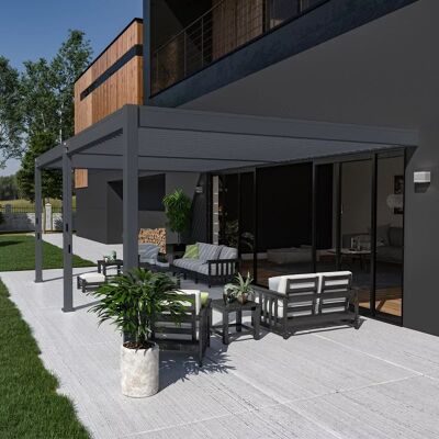 Ombréa Pergola bioclimatique adossée 6 x 4 m avec 2 stores anthracite de 3 m - aluminium anthracite - toiture étanche - Publicité Ombréa Pergola bioclimatique adossée 6 x 4 m avec 2 stores anthracite de 3 m - aluminium anthracite - toiture étanche - Publicité