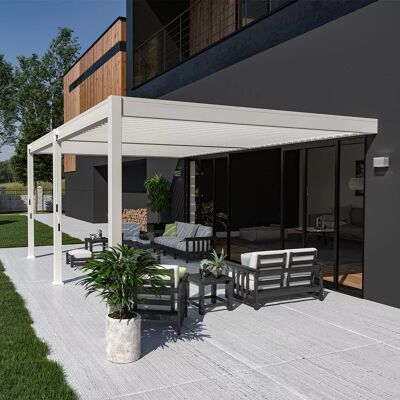 Ombréa Pergola bioclimatique adossée 6 x 4 m avec 2 stores blancs - aluminium blanc - toiture étanche - Publicité Ombréa Pergola bioclimatique adossée 6 x 4 m avec 2 stores blancs - aluminium blanc - toiture étanche - Publicité