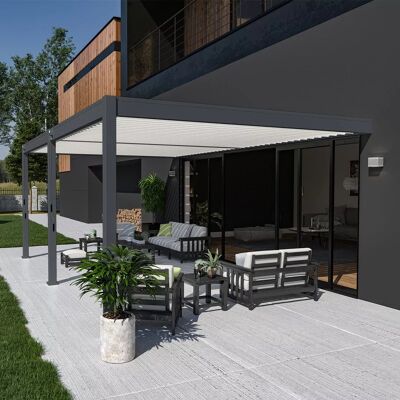Ombréa Pergola bioclimatique adossée 6 x 4 m avec 2 stores blancs - aluminium anthracite et lames blanches - toiture étanche - Publicité Ombréa Pergola bioclimatique adossée 6 x 4 m avec 2 stores blancs - aluminium anthracite et lames blanches - toiture étanche - Publicité