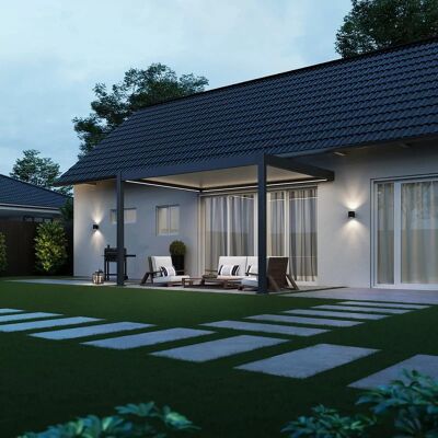 Ombréa Pergola bioclimatique motorisée adossée 3 x 4 m - aluminium anthracite et lames blanches - toiture étanche - Publicité Ombréa Pergola bioclimatique motorisée adossée 3 x 4 m - aluminium anthracite et lames blanches - toiture étanche - Publicité