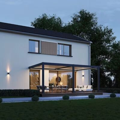 Ombréa Pergola bioclimatique motorisée adossée 6 x 4 m - aluminium anthracite et lames blanches - kit LED inclus - Publicité Ombréa Pergola bioclimatique motorisée adossée 6 x 4 m - aluminium anthracite et lames blanches - kit LED inclus - Publicité
