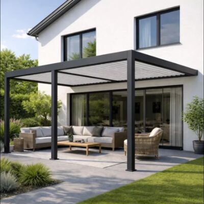 Ombréa Pergola bioclimatique motorisée adossée 8 x 4 m - aluminium anthracite et blanc - double motorisation - Publicité Ombréa Pergola bioclimatique motorisée adossée 8 x 4 m - aluminium anthracite et blanc - double motorisation - Publicité