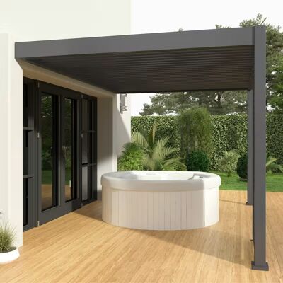 Ombréa Pergola adossée 4 x 3 m avec store anthracite de 4 m - aluminium anthracite - toiture bioclimatique étanche - Publicité Ombréa Pergola adossée 4 x 3 m avec store anthracite de 4 m - aluminium anthracite - toiture bioclimatique étanche - Publicité