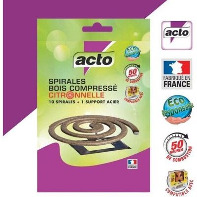 ACTO SPIRALES BOIS COMPRESSÉ CITRONNELLE - 50H DE DIFFUSION ! - Publicité ACTO SPIRALES BOIS COMPRESSÉ CITRONNELLE - 50H DE DIFFUSION ! - Publicité