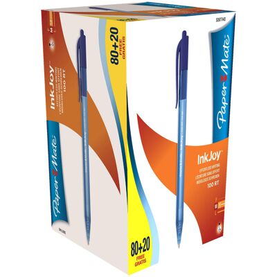 Paper-Mate Boîte de 100 stylos Inkjoy bleus rétractables - Publicité Paper-Mate Boîte de 100 stylos Inkjoy bleus rétractables - Publicité