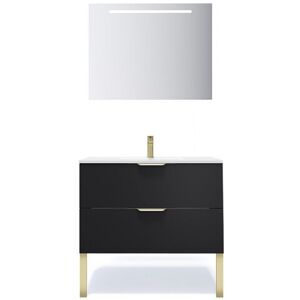 Meuble de salle de bain suspendu vasque intégrée 90cm 2 tiroirs Noir + miroir - Venice - Publicité Meuble de salle de bain suspendu vasque intégrée 90cm 2 tiroirs Noir + miroir - Venice - Publicité