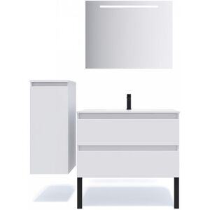 HOMIFAB Meuble de salle de bain suspendu vasque intégrée 90cm 2 tiroirs Blanc + miroir + colonne ouverture gauche - Hudson - Publicité HOMIFAB Meuble de salle de bain suspendu vasque intégrée 90cm 2 tiroirs Blanc + miroir + colonne ouverture gauche - Hudson - Publicité