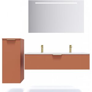 Meuble de salle de bain suspendu double vasque intégrée 120cm 1 tiroir Terracotta + miroir + colonne ouverture gauche - Venice - Publicité Meuble de salle de bain suspendu double vasque intégrée 120cm 1 tiroir Terracotta + miroir + colonne ouverture gauche - Venice - Publicité