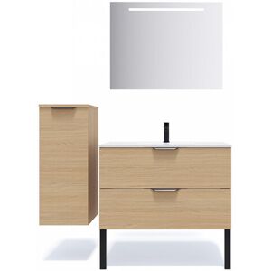 Meuble de salle de bain suspendu vasque intégrée 90cm 2 tiroirs Chêne clair + miroir + colonne ouverture gauche - Venice - Publicité Meuble de salle de bain suspendu vasque intégrée 90cm 2 tiroirs Chêne clair + miroir + colonne ouverture gauche - Venice - Publicité