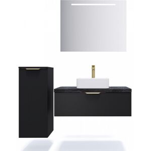 Meuble de salle de bain suspendu vasque à poser 90cm 1 tiroir Noir + miroir + colonne ouverture gauche - Venice - Publicité Meuble de salle de bain suspendu vasque à poser 90cm 1 tiroir Noir + miroir + colonne ouverture gauche - Venice - Publicité