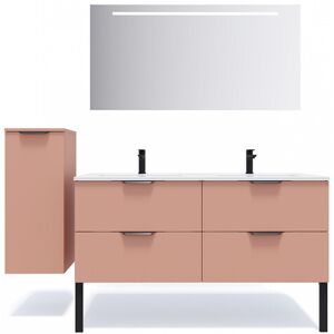 Meuble de salle de bain suspendu double vasque intégrée 140cm 4 tiroirs Abricot + miroir + colonne ouverture gauche - Soho - Publicité Meuble de salle de bain suspendu double vasque intégrée 140cm 4 tiroirs Abricot + miroir + colonne ouverture gauche - Soho - Publicité
