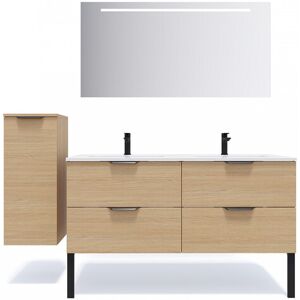 Meuble de salle de bain suspendu double vasque intégrée 140cm 4 tiroirs Chêne clair + miroir + colonne ouverture gauche - Soho - Publicité Meuble de salle de bain suspendu double vasque intégrée 140cm 4 tiroirs Chêne clair + miroir + colonne ouverture gauche - Soho - Publicité