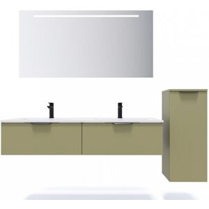 Meuble de salle de bain suspendu double vasque intégrée 140cm 2 tiroirs Vert olive + miroir + colonne ouverture droite - Soho - Publicité Meuble de salle de bain suspendu double vasque intégrée 140cm 2 tiroirs Vert olive + miroir + colonne ouverture droite - Soho - Publicité