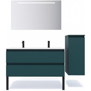 Meuble de salle de bain suspendu double vasque intégrée 120cm 2 tiroirs Bleu + miroir + colonne ouverture droite - Hudson - Publicité Meuble de salle de bain suspendu double vasque intégrée 120cm 2 tiroirs Bleu + miroir + colonne ouverture droite - Hudson - Publicité