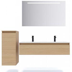 Meuble de salle de bain suspendu double vasque intégrée 120cm 1 tiroir Chêne clair + miroir - Hudson - Publicité Meuble de salle de bain suspendu double vasque intégrée 120cm 1 tiroir Chêne clair + miroir - Hudson - Publicité