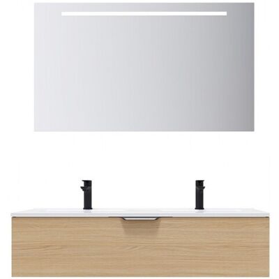 Meuble de salle de bain suspendu double vasque intégrée 120cm 1 tiroir Chêne clair + miroir - Venice - Publicité Meuble de salle de bain suspendu double vasque intégrée 120cm 1 tiroir Chêne clair + miroir - Venice - Publicité