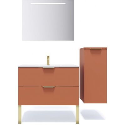 Meuble de salle de bain suspendu vasque intégrée 90cm 2 tiroirs Terracotta + miroir + colonne ouverture droite - Venice - Publicité Meuble de salle de bain suspendu vasque intégrée 90cm 2 tiroirs Terracotta + miroir + colonne ouverture droite - Venice - Publicité