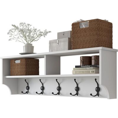 Etagère d'entrée murale avec niches et patères blanche 120 cm - Taren - Publicité Etagère d'entrée murale avec niches et patères blanche 120 cm - Taren - Publicité