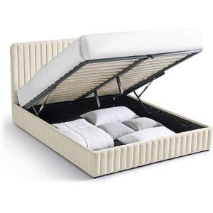 Lit coffre adulte 160x200 cm avec tête de lit capitonnée en tissu chenille beige - Alto - Publicité Lit coffre adulte 160x200 cm avec tête de lit capitonnée en tissu chenille beige - Alto - Publicité