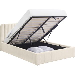 Lit coffre adulte 160x200 cm avec tête de lit capitonnée en tissu bouclé beige - Ava - Publicité Lit coffre adulte 160x200 cm avec tête de lit capitonnée en tissu bouclé beige - Ava - Publicité