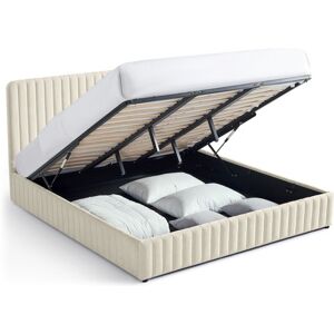 Lit coffre adulte 180x200 cm avec tête de lit capitonnée en tissu chenille beige - Alto - Publicité Lit coffre adulte 180x200 cm avec tête de lit capitonnée en tissu chenille beige - Alto - Publicité