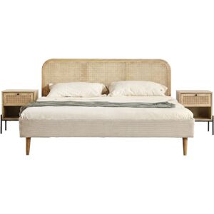 Ensemble Lit adulte 140x190 cm en velours côtelé beige avec tête de lit en cannage Dalia + lot de 2 chevets Iris - Publicité Ensemble Lit adulte 140x190 cm en velours côtelé beige avec tête de lit en cannage Dalia + lot de 2 chevets Iris - Publicité