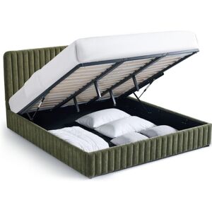Lit coffre adulte 180x200 cm avec tête de lit capitonnée en tissu chenille vert kaki - Alto - Publicité Lit coffre adulte 180x200 cm avec tête de lit capitonnée en tissu chenille vert kaki - Alto - Publicité