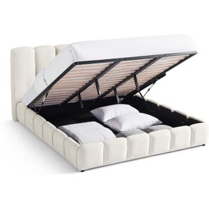 Lit coffre adulte 180x200 cm avec tête de lit capitonnée en tissu chenille beige - Nils - Publicité Lit coffre adulte 180x200 cm avec tête de lit capitonnée en tissu chenille beige - Nils - Publicité