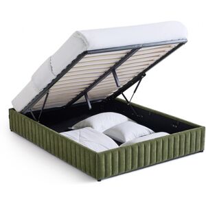 Lit coffre adulte 140x190 cm en tissu chenille vert kaki - Balto - Publicité Lit coffre adulte 140x190 cm en tissu chenille vert kaki - Balto - Publicité