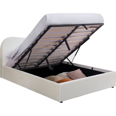 Lit coffre adulte 140x190 cm avec tête le lit arrondie en velours beige - Suzon - Publicité Lit coffre adulte 140x190 cm avec tête le lit arrondie en velours beige - Suzon - Publicité