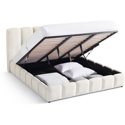 Lit coffre adulte 180x200 cm avec tête de lit capitonnée en tissu chenille beige - Nils - Publicité Lit coffre adulte 180x200 cm avec tête de lit capitonnée en tissu chenille beige - Nils - Publicité