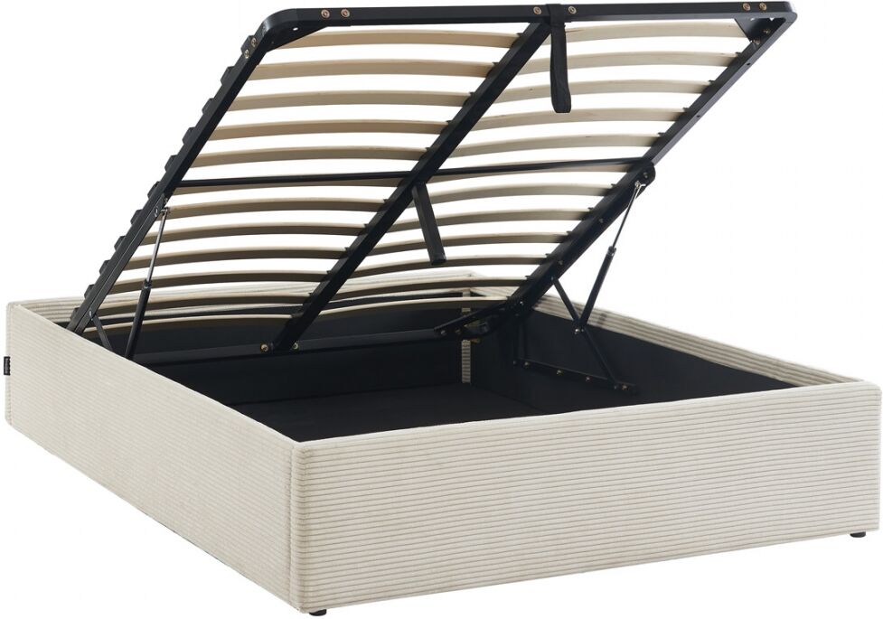 HOMIFAB Lit coffre adulte 140x190 cm en velours côtelé beige avec sommier - Handy