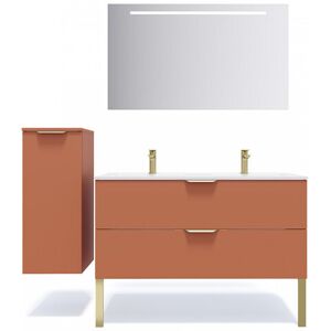 HOMIFAB Meuble de salle de bain suspendu double vasque intégrée 120cm 2 tiroirs Terracotta + miroir + colonne ouverture gauche - Venice