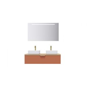 HOMIFAB Meuble de salle de bain suspendu 2 vasques à poser 120cm 1 tiroir Terracotta + miroir - Venice