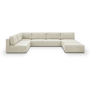 Canapé d'angle à gauche panoramique modulable convertible 10 places avec pouf en velours côtelé beige - Harper Mod - Publicité Canapé d'angle à gauche panoramique modulable convertible 10 places avec pouf en velours côtelé beige - Harper Mod - Publicité