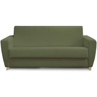 Canapé convertible 3 places en tissu bouclette vert kaki - Ouverture express - Couchage quotidien - Leandro - Publicité Canapé convertible 3 places en tissu bouclette vert kaki - Ouverture express - Couchage quotidien - Leandro - Publicité