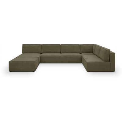 Canapé d'angle à droite panoramique modulable convertible 10 places avec pouf en velours côtelé vert kaki - Harper Mod - Publicité Canapé d'angle à droite panoramique modulable convertible 10 places avec pouf en velours côtelé vert kaki - Harper Mod - Publicité