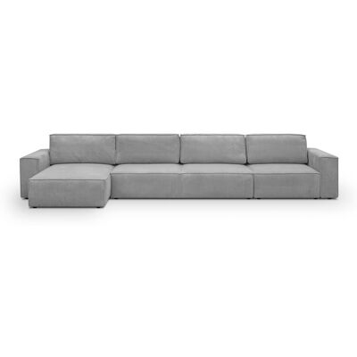 Canapé d'angle modulable convertible 7 places avec coffre de rangement en velours côtelé gris clair - Harper Mod - Publicité Canapé d'angle modulable convertible 7 places avec coffre de rangement en velours côtelé gris clair - Harper Mod - Publicité