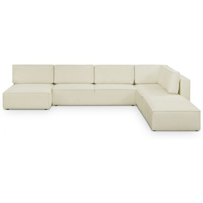 Canapé d'angle à droite panoramique convertible modulable 8 places avec 2 poufs en tissu bouclé beige - Harper Mod - Publicité Canapé d'angle à droite panoramique convertible modulable 8 places avec 2 poufs en tissu bouclé beige - Harper Mod - Publicité